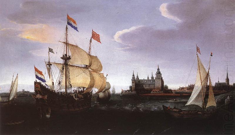 Arrival of a Dutch Three-master at Schloss Kronberg srt, VROOM, Hendrick Cornelisz.